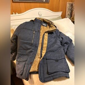 Men's Navy Blue Insulated Puffer Jacket with Tan Sherpa Lining